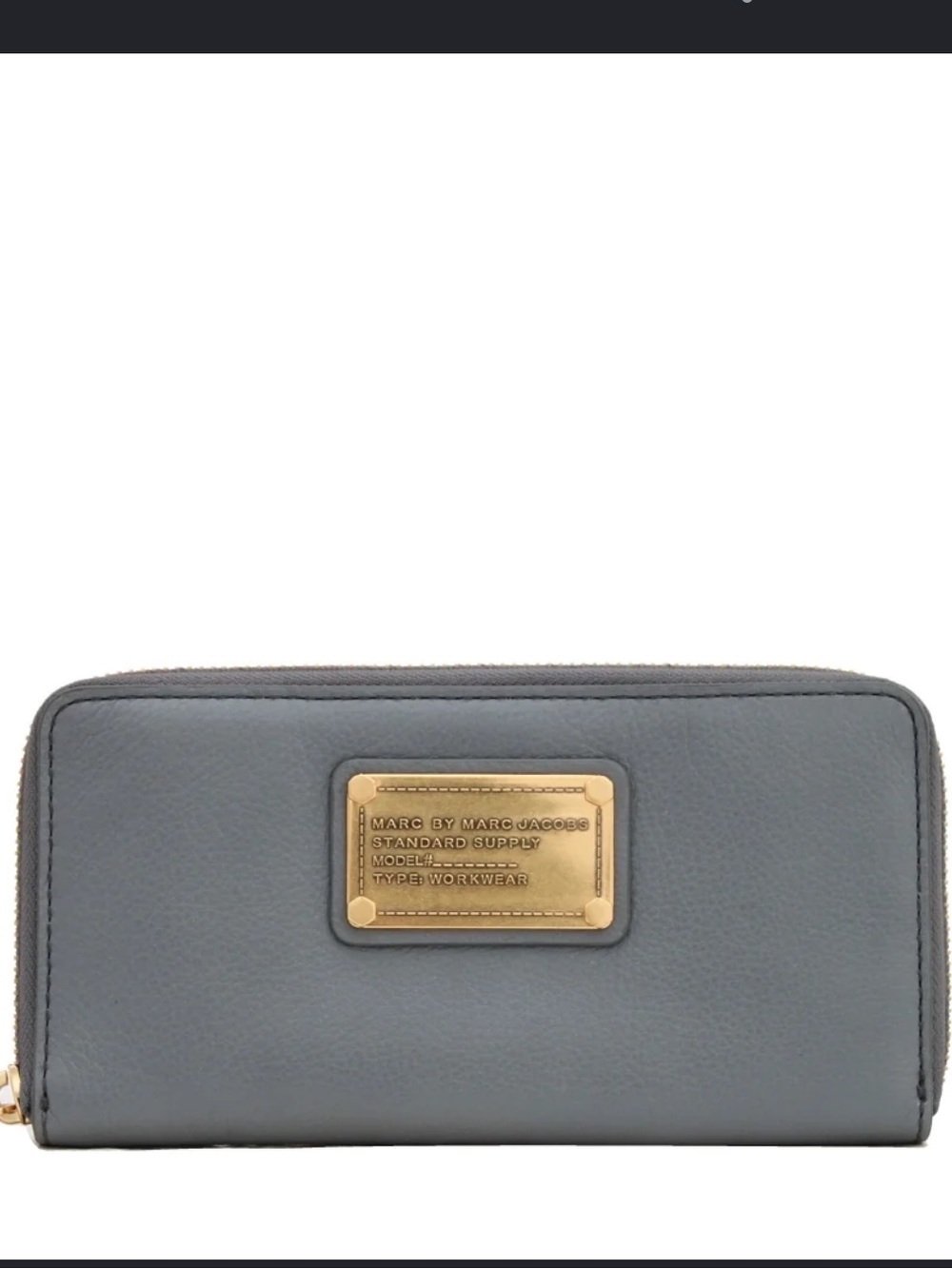 Marc by Marc Jacobs Slate Gray Leather Zip Wallet with Gold Plaque